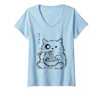 Mujer Gato Doodle Comiendo Ramen Minimalista Dibujado a Mano Camiseta Cuello V