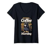 Mujer Gato Dulce Resaca y Taza de café por la mañana Camiseta Cuello V