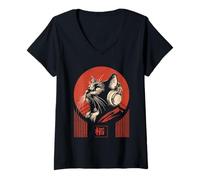 Mujer Gato en Auriculares Vintage japonés Lo-Fi Chill Music Camiseta Cuello V