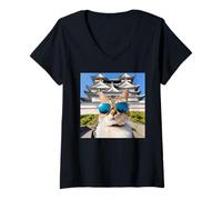 Mujer Gato En Japón En El Castillo Himeji Camiseta Cuello V