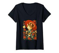 Mujer Gato En Kimono Con Paraguas Arte Japonés Estilo Clásico Camiseta Cuello V