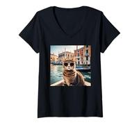 Mujer Gato En Los Canales De Venecia Camiseta Cuello V