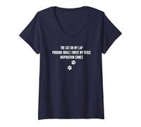 Mujer Gato En Mi Regazo Haiku Poesía Citas Haiku Poeta Poemas Camiseta Cuello V, Azul Marino, L