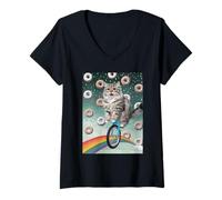 Mujer Gato en Monociclo Donut Rainbow Camiseta Cuello V