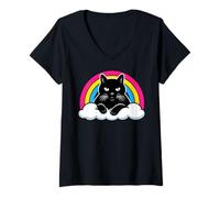 Mujer Gato en Nube Arcoíris Pansexual LGBTQ Colores Pan Orgullo Camiseta Cuello V