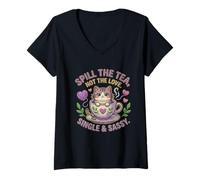Mujer Gato en Taza de té derrama el té, no Amo, Gatito Lindo Soltero Camiseta Cuello V