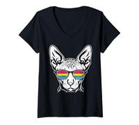 Mujer Gato Esfinge Gafas Pansexual LGBTQ Colores Pan Orgullo Arte Camiseta Cuello V