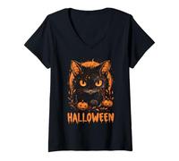 Mujer Gato espeluznante y calabazas Halloween Vibes Happy Design Camiseta Cuello V