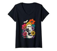 Mujer Gato Fantasma Floral Halloween - Lindo Gato Negro Temporada Espeluznante Camiseta Cuello V