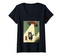 Mujer Gato Fútbol OVNI Secuestro Arte Japon Camiseta Cuello V