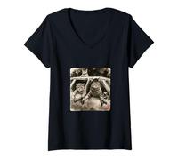 Mujer Gato Gang Meme Arte japonés Divertido Gángster Gatos Sumi-e Kawaii Camiseta Cuello V