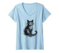 Mujer Gato Garabato Abstracto boceto Minimalista Negro Gatito diseño Camiseta Cuello V