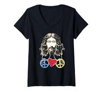Mujer Gato Gato Peace Peace Símbolo Corazón Corazón Jesús Animales Amigo Camiseta Cuello V