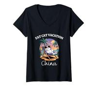 Mujer Gato gordo Vacaciones China Viajes China Camiseta Cuello V
