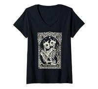 Mujer Gato gótico Esqueleto Lovers Tarot Card Art Cat Lover Mujeres Camiseta Cuello V