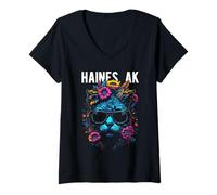 Mujer Gato Haines Alaska con Gafas de Sol y diseño de Flores Camiseta Cuello V