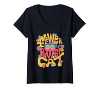 Mujer Gato Hippie de Flower Power Camiseta Cuello V