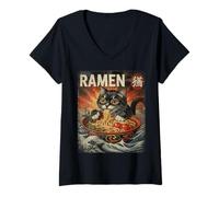 Mujer Gato Japonés Anime Kawaii Divertido Come Ramen Fideos Camiseta Cuello V
