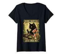 Mujer Gato japonés Bebiendo té Matcha Menos Drama y Amante de los Gatos Camiseta Cuello V