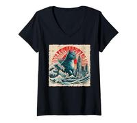 Mujer Gato japonés Monster Great Wave City Ukiyo-e Hombres Mujeres Niños Camiseta Cuello V