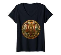 Mujer Gato japonés Samurai guardián Medieval vidriera Camiseta Cuello V