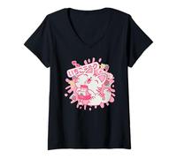 Mujer Gato Kawaii Bebiendo Leche de Fresa japonés Lindo Anime Camiseta Cuello V