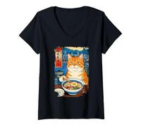 Mujer Gato Kawaii Comiendo Fideos Ramen Hong Kong Retro Arte Japonés Camiseta Cuello V