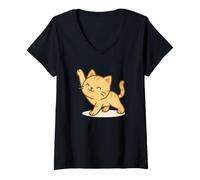Mujer Gato Kawaii estirando. Lindo Gato Antes del Entrenamiento. Camiseta Cuello V