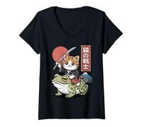 Mujer Gato Kawaii Montando Rana Arte Japonés Anime Sapo Samurai Cat Camiseta Cuello V