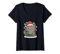 Mujer Gato Lee Libro en Navidad Camiseta Cuello V