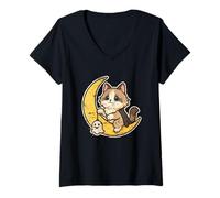 Mujer Gato Luna con Pequeño Fantasma Camiseta Cuello V