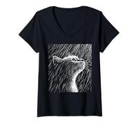 Mujer Gato Melancólico bajo la Lluvia - Arte en Blanco y Negro Camiseta Cuello V