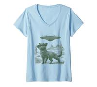 Mujer Gato Misterioso en Sombrero Desierto UFO Encuentro Estilo Vintage Camiseta Cuello V
