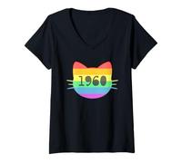 Mujer Gato nacido en 1960 Año Cumpleaños Mamá Papá de gato Camiseta Cuello V