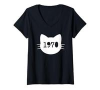 Mujer Gato nacido en 1970 Año Cumpleaños Mamá Papá de gato Camiseta Cuello V