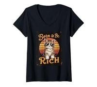 Mujer Gato Nacido para ser Rico, Estilo Retro y Genial como un Gatito Camiseta Cuello V