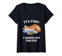 Mujer Gato Naranja Divertido Duerme Tras Falso Entrenamiento Camiseta Cuello V