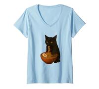 Mujer Gato negro come fideos ramen comida japonesa en estilo de dibujos animados Camiseta Cuello V