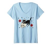 Mujer Gato Negro con Calavera | Gothic EMO Dark Cat Lover Camiseta Cuello V