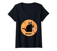 Mujer Gato Negro de Halloween con Cuchillo Sangriento ¿Qué ? Camiseta Cuello V