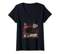 Mujer Gato Negro Durmiendo En Brujas Grimorio con Rosas Espinas Camiseta Cuello V