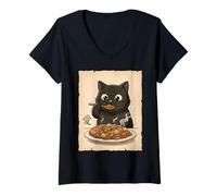 Mujer Gato Negro Kawaii Comiendo Arroz Curry Japonés Anime Food Lover Camiseta Cuello V