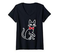 Mujer Gato Negro Lindo y Minimalista con Pajarita roja Camiseta Cuello V
