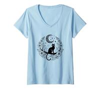 Mujer Gato Negro Lunar Luna Creciente Floral Brujería Camiseta Cuello V