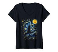 Mujer Gato Negro, Noche Estrellada, Van Gogh, Moon Art, maullido, mamá, papá Camiseta Cuello V