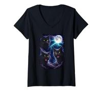 Mujer Gato Negro Oscuro Bajo la Luna Llena Vintage Fantasía Rayo Camiseta Cuello V