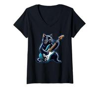 Mujer Gato negro tocando guitarra Rock and Roll Rock Star Design Camiseta Cuello V