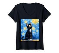 Mujer Gato Noche Estrellada Van Gogh Cat Divertido Gato Negro Arte gráfico Camiseta Cuello V