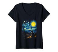 Mujer Gato Noche Estrellada Van Gogh Gato para Amante De Gatos Camiseta Cuello V