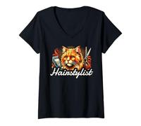 Mujer Gato Peluquería Salón Corte de pelo Peluquería Cabello Camiseta Cuello V